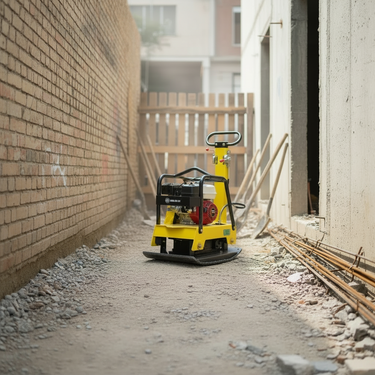 A yellow and black plate compactor machine with a red engine, positioned on a gravel path between a brick wall on the left and a concrete building on the right.