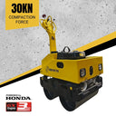 Yellow compaction machine with 30KN compaction force on a concrete surface, featuring Honda GX25 engine.