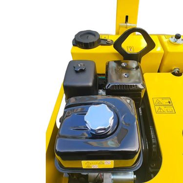 Close-up of a yellow forklift with a black fuel tank and engine cover on a white background.