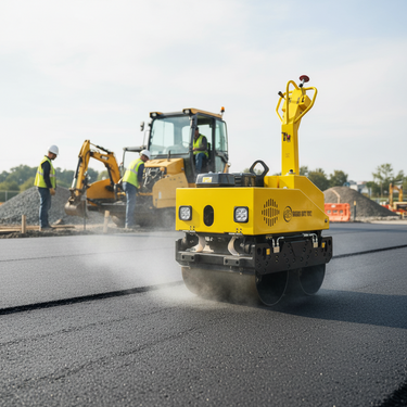 A yellow road roller compact is driving on freshly laid asphalt at a construction site, with workers and a yellow excavator visible in the background.