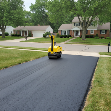 A yellow and black road roller compact is driving on a freshly paved black asphalt residential street lined with green grass and suburban houses in the background.