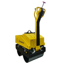 Yellow construction roller compactor on a white background