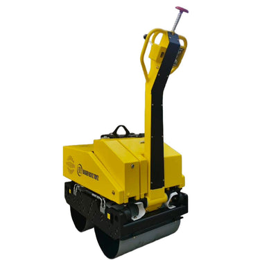 Yellow construction roller compactor on a white background