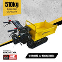 Yellow tracked machine with payload capacity and Honda engine details on a gray background