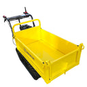 Yellow dump cart with black tracks on a white background