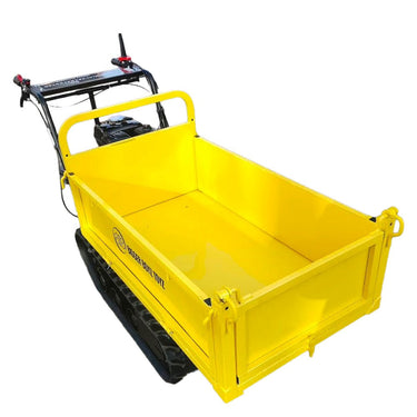 Yellow dump cart with black tracks on a white background