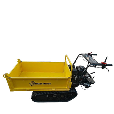 Yellow toy dump truck with tracks on a white background