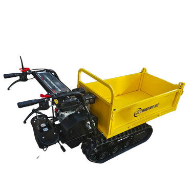 Small yellow tracked dump truck on a white background