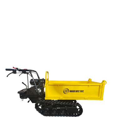 Yellow toy bulldozer with black tracks on a white background