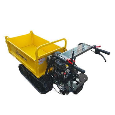 Yellow tracked dumper with a black engine on a white background