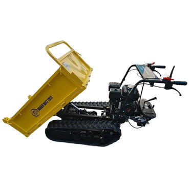 Small crawler tractor with yellow dump bed on a white background