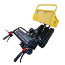 Yellow mini transporter with black tracks on a white background