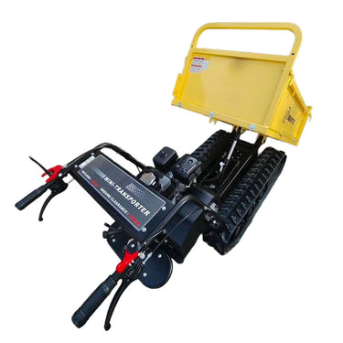 Yellow mini transporter with black tracks on a white background