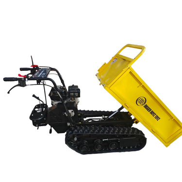 Small tracked vehicle with a yellow dump bed on a white background