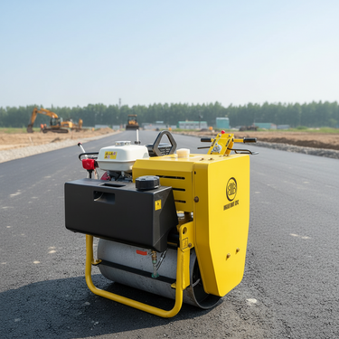 A yellow and black road roller machine photographed outdoors on a freshly paved road, with construction equipment and trees visible in the background.