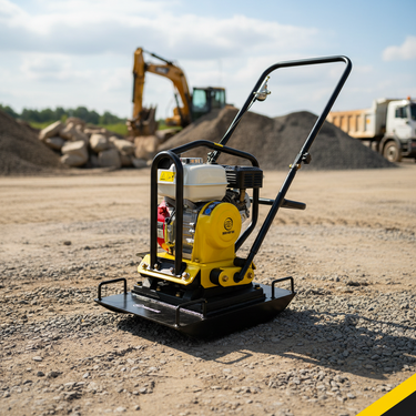 A yellow and black plate compactor with a white engine housing is shown on a gravel surface at a construction site, with an excavator and dirt piles in the background.
