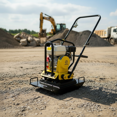A yellow and black gasoline-powered plate compactor sits on a gravel-covered construction site, with an excavator and piles of soil visible in the blurred background.