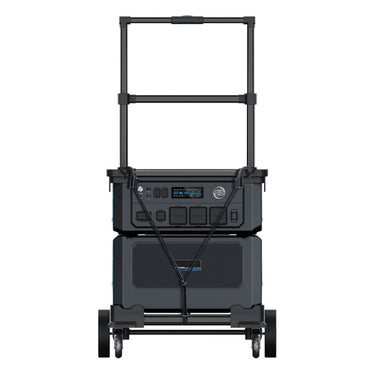 Black portable power station with wheels on a white background