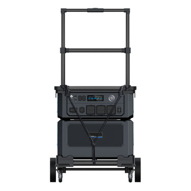 Black portable power station with wheels on a white background