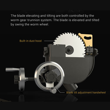 The blade elevating and tilting are both controlled by the worm gear trunnion system