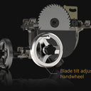 The blade elevating and tilting are both controlled by the worm gear trunnion system. The blade is elevated and tilted by swing the worm wheel.