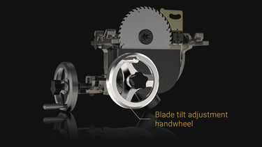 The blade elevating and tilting are both controlled by the worm gear trunnion system. The blade is elevated and tilted by swing the worm wheel.