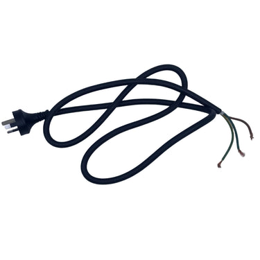 A coiled black power cord with a two-prong plug on one end and exposed wire ends on the other, placed on a light gray surface.