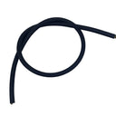A coiled black rubber or plastic cable placed on a scratched white surface next to a yellow L-square ruler for scale.