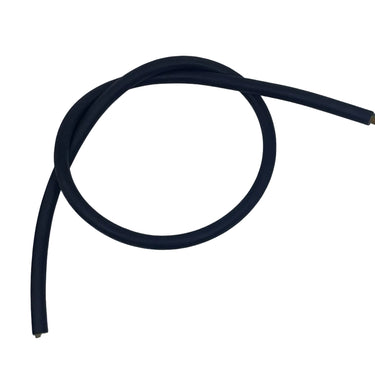 A coiled black rubber or plastic cable placed on a scratched white surface next to a yellow L-square ruler for scale.