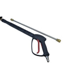 A high-pressure water spray gun with a black handle and trigger, a long metal wand, and a brass nozzle tip, displayed on a white fabric backdrop.