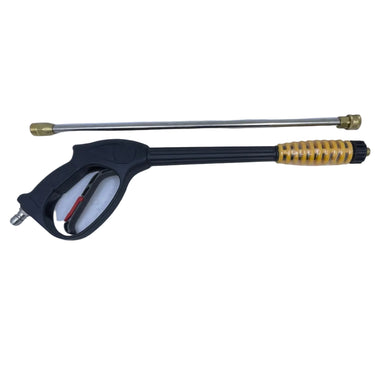 A pressure washer spray gun with a black handle and a long metal wand featuring a gold-colored textured grip, displayed inside a white light box.