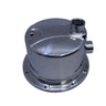 A polished chrome metal mechanical component, likely an automotive fuel pump module, featuring a circular flange base and a vertical outlet pipe, set against a plain light gray background.