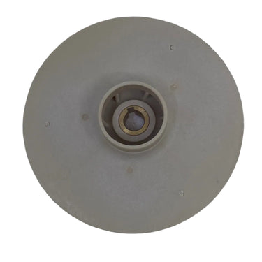 A beige plastic circular disc with a central hole, likely a replacement part, placed on a scratched light gray surface.