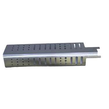 A long, narrow silver metal channel or bracket with a series of rectangular slots and small perforations, photographed inside a white lightbox. A yellow measuring tape is visible on the floor below the lightbox, and parts of a person's legs and shoes are visible at the bottom edge.