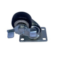 A single metal caster wheel with a black rubber wheel, silver metal bracket, and wing nut lock, placed on a scratched white surface.
