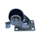A single metal caster wheel with a black rubber wheel, silver metal bracket, and wing nut lock, placed on a scratched white surface.