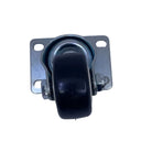 A single black caster wheel with a square metal mounting bracket and visible screws, placed on a scratched light gray surface.