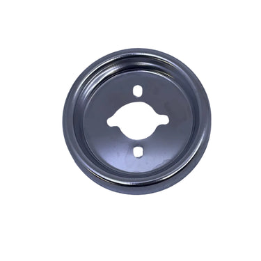 A circular metal mechanical component, likely a pulley or bracket, with a central mounting hole and two small side holes, shown on a plain white background.