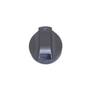 A dark gray circular metal component with a central vertical slot and a small textured blue-gray section near the bottom, isolated on a white background.