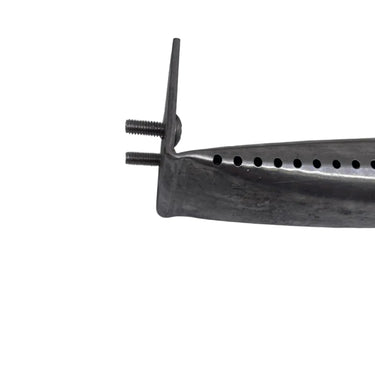 A metal diving raft or underwater support tool with threaded bolts and a perforated tube, shown on a white surface with a yellow Lufkin ruler at the top for scale.