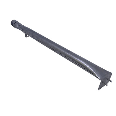 A long, curved stainless steel burner tube, likely for a stove or grill, resting on a white surface inside a white plastic bag or box.