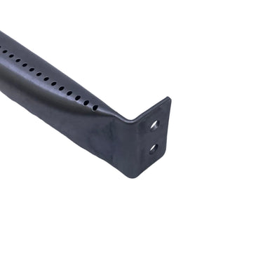 A long, perforated metal support arm or bracket with a square end, photographed on a scratched light gray surface.