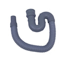A gray flexible corrugated drain hose with a curved S-shape and threaded connectors on both ends, placed on a white surface.