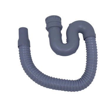 A gray flexible corrugated drain hose with a curved S-shape and threaded connectors on both ends, placed on a white surface.