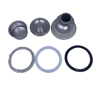 A set of replacement parts for a kitchen appliance, including a silver metal collar, a black rubber O-ring, a white plastic ring, and two small silver mesh filters, laid out on a white surface.