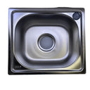 A square stainless steel sink basin viewed from directly above, set against a light gray background.