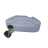 A translucent white plastic reservoir tank with a black cap and yellow hose, resting on a scratched white surface.