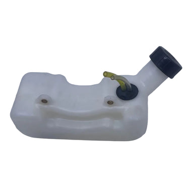 A translucent white plastic reservoir tank with a black cap and a small yellow hose, photographed on a light gray surface.