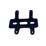 A black metal mounting bracket with four bolt holes, photographed on a light gray textured surface.