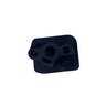 A small black plastic mechanical part with three mounting holes, placed on a scratched gray metal surface.